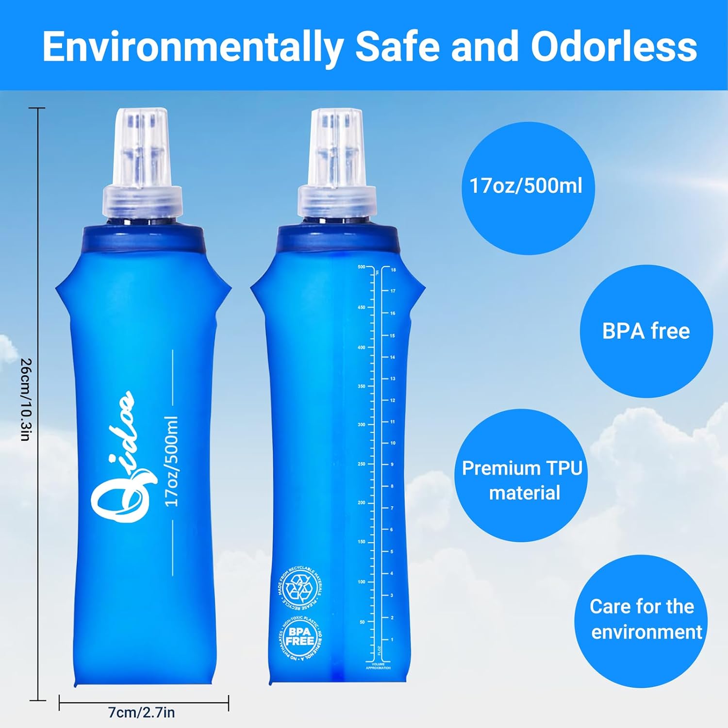2 Pack Soft Water Bottle, 17oz/500ml TPU Collapsible Flask Foldable Bottles for Hydration Pack, BPA-Free Soft Flasks Handheld Soft Flask Running Bottle for Running Hiking Cycling Climbing Traveling - Image 3