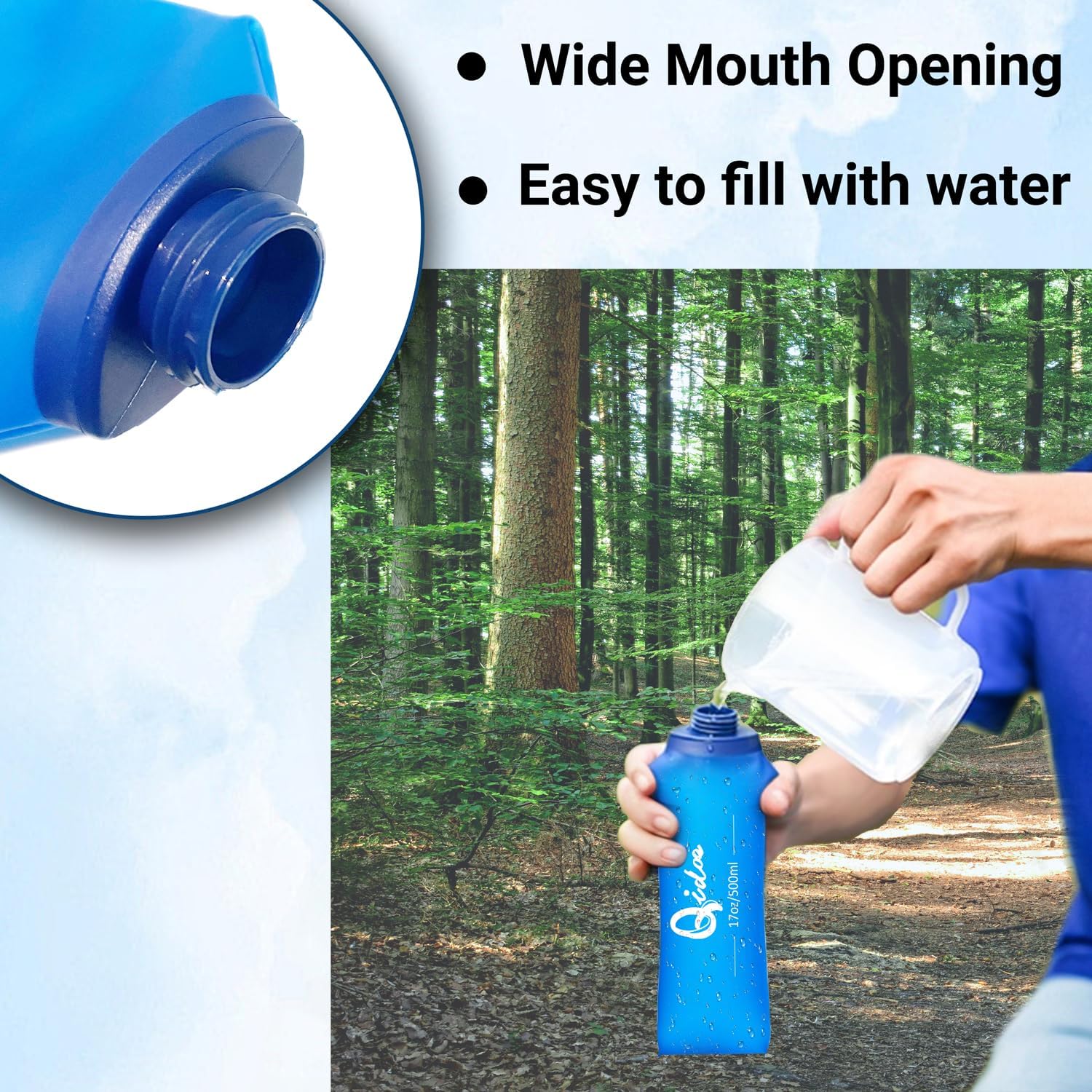 2 Pack Soft Water Bottle, 17oz/500ml TPU Collapsible Flask Foldable Bottles for Hydration Pack, BPA-Free Soft Flasks Handheld Soft Flask Running Bottle for Running Hiking Cycling Climbing Traveling - Image 5