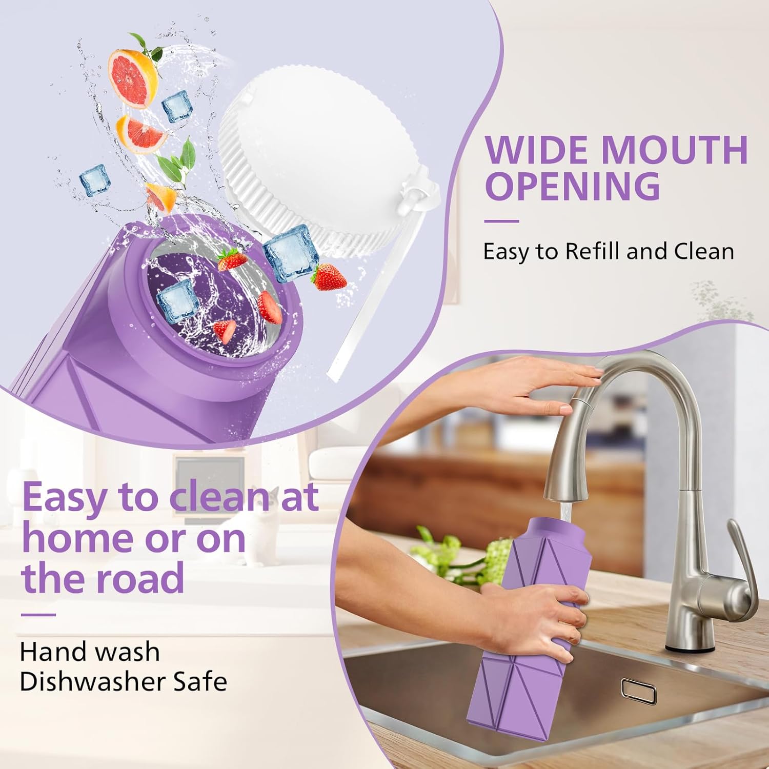 610ml Collapsible Water Bottles Upgrade Foldable Water Bottle BPA Free Reusable Lightweight LeakProof Silicone Water Bottles 20.6oz for Travel Gym Hiking Office Camping Sport Light Purple - Image 3