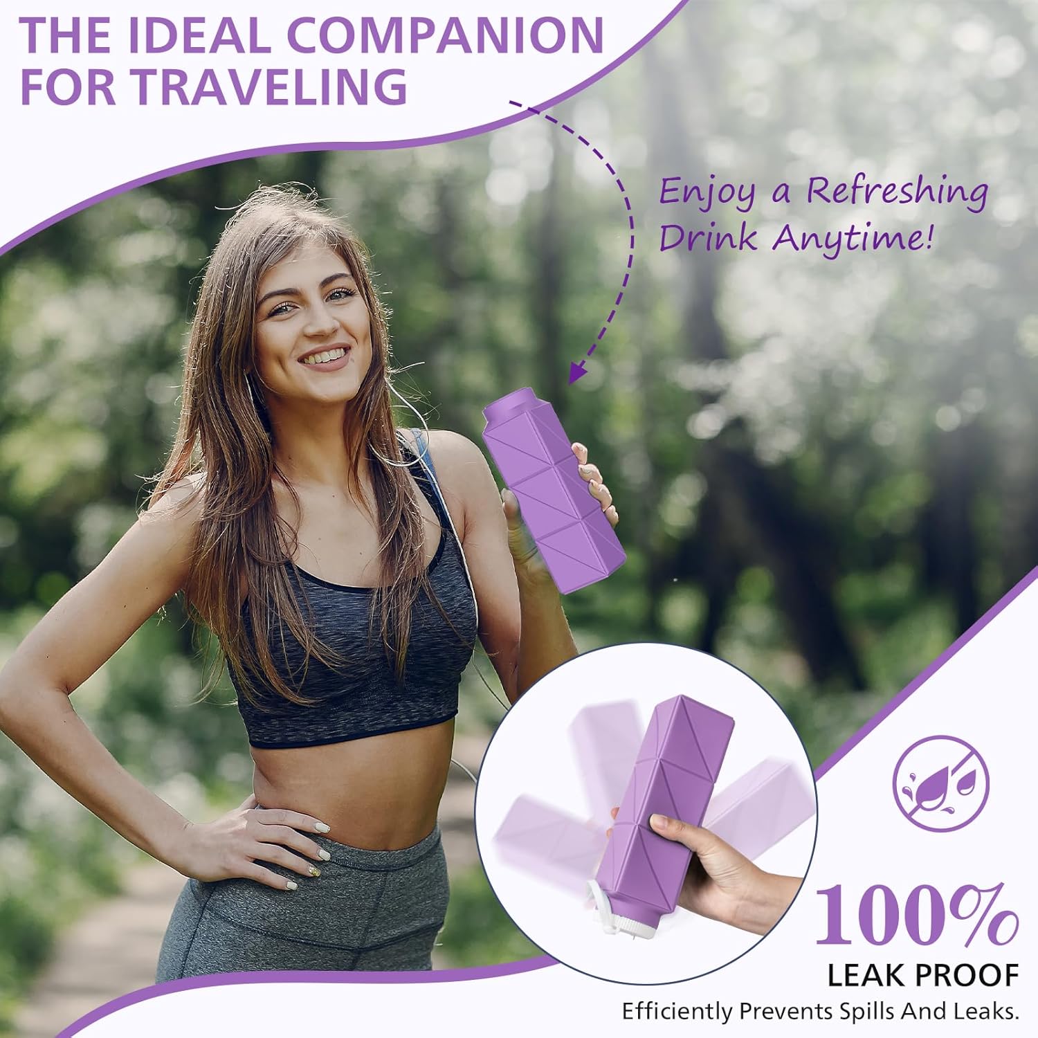 610ml Collapsible Water Bottles Upgrade Foldable Water Bottle BPA Free Reusable Lightweight LeakProof Silicone Water Bottles 20.6oz for Travel Gym Hiking Office Camping Sport Light Purple - Image 4