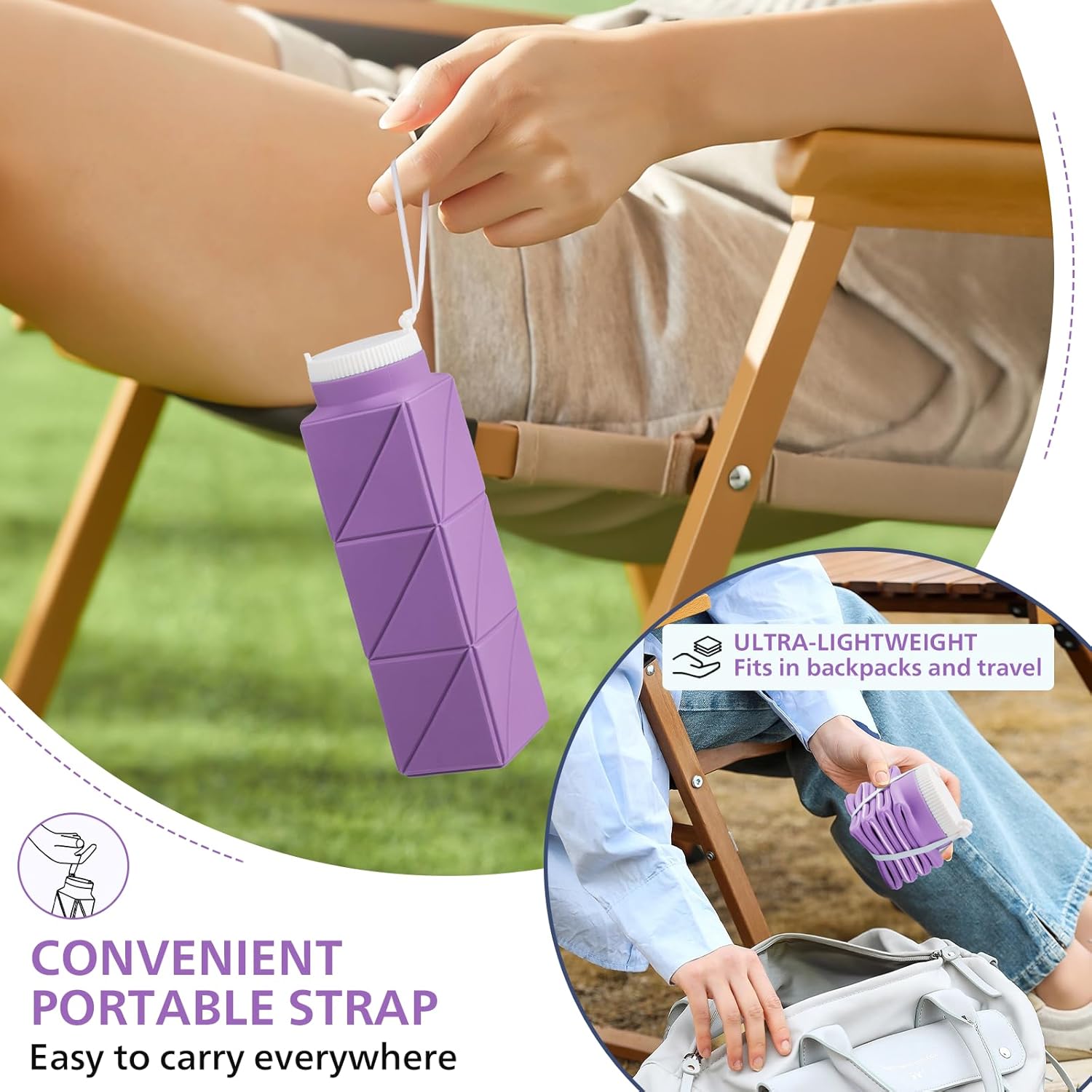 610ml Collapsible Water Bottles Upgrade Foldable Water Bottle BPA Free Reusable Lightweight LeakProof Silicone Water Bottles 20.6oz for Travel Gym Hiking Office Camping Sport Light Purple - Image 5