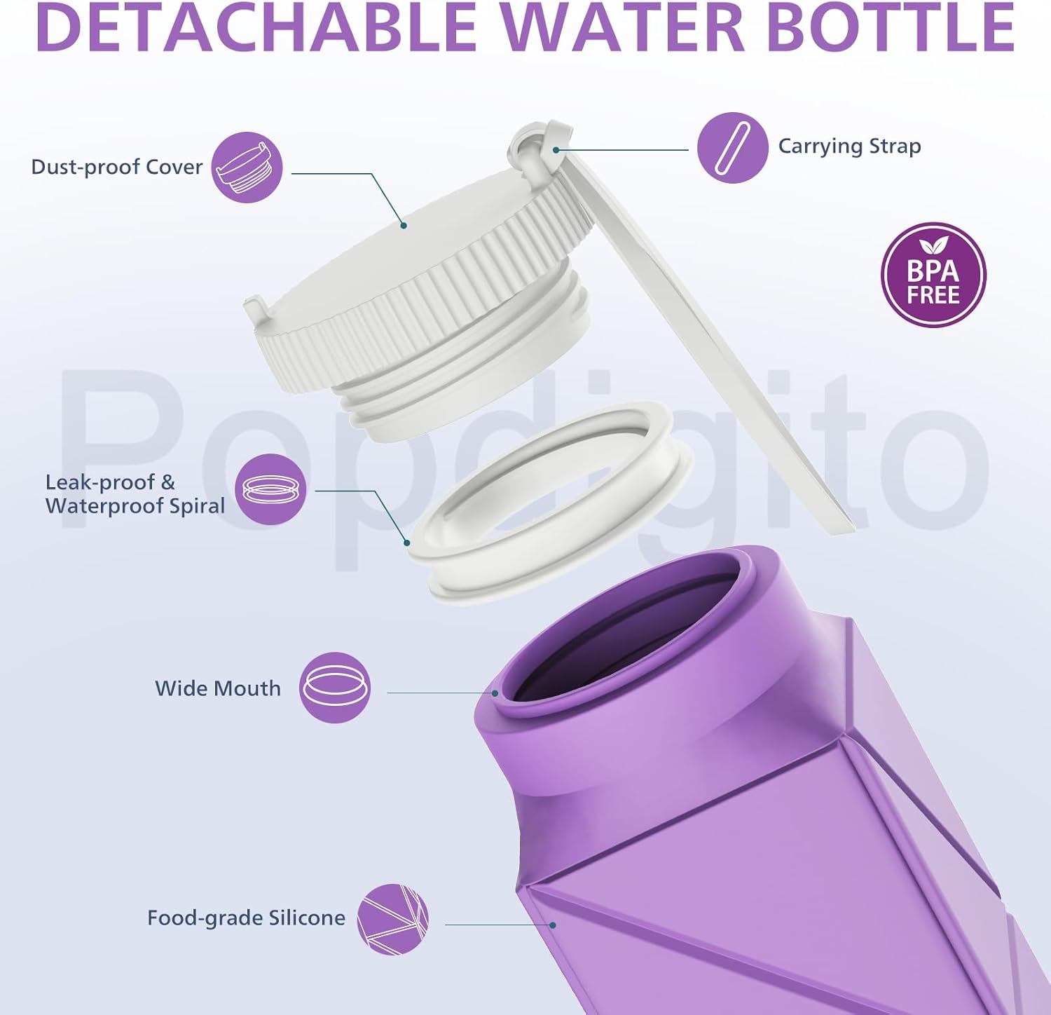610ml Collapsible Water Bottles Upgrade Foldable Water Bottle BPA Free Reusable Lightweight LeakProof Silicone Water Bottles 20.6oz for Travel Gym Hiking Office Camping Sport Light Purple - Image 6