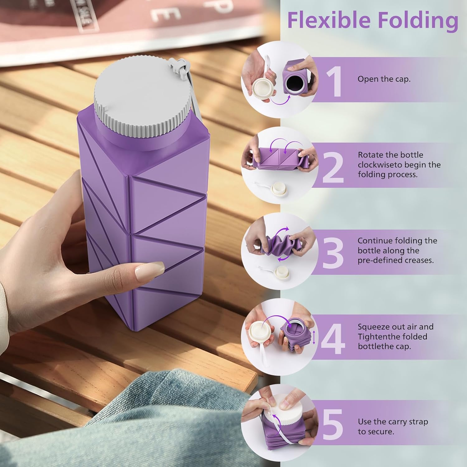 610ml Collapsible Water Bottles Upgrade Foldable Water Bottle BPA Free Reusable Lightweight LeakProof Silicone Water Bottles 20.6oz for Travel Gym Hiking Office Camping Sport Light Purple - Image 7