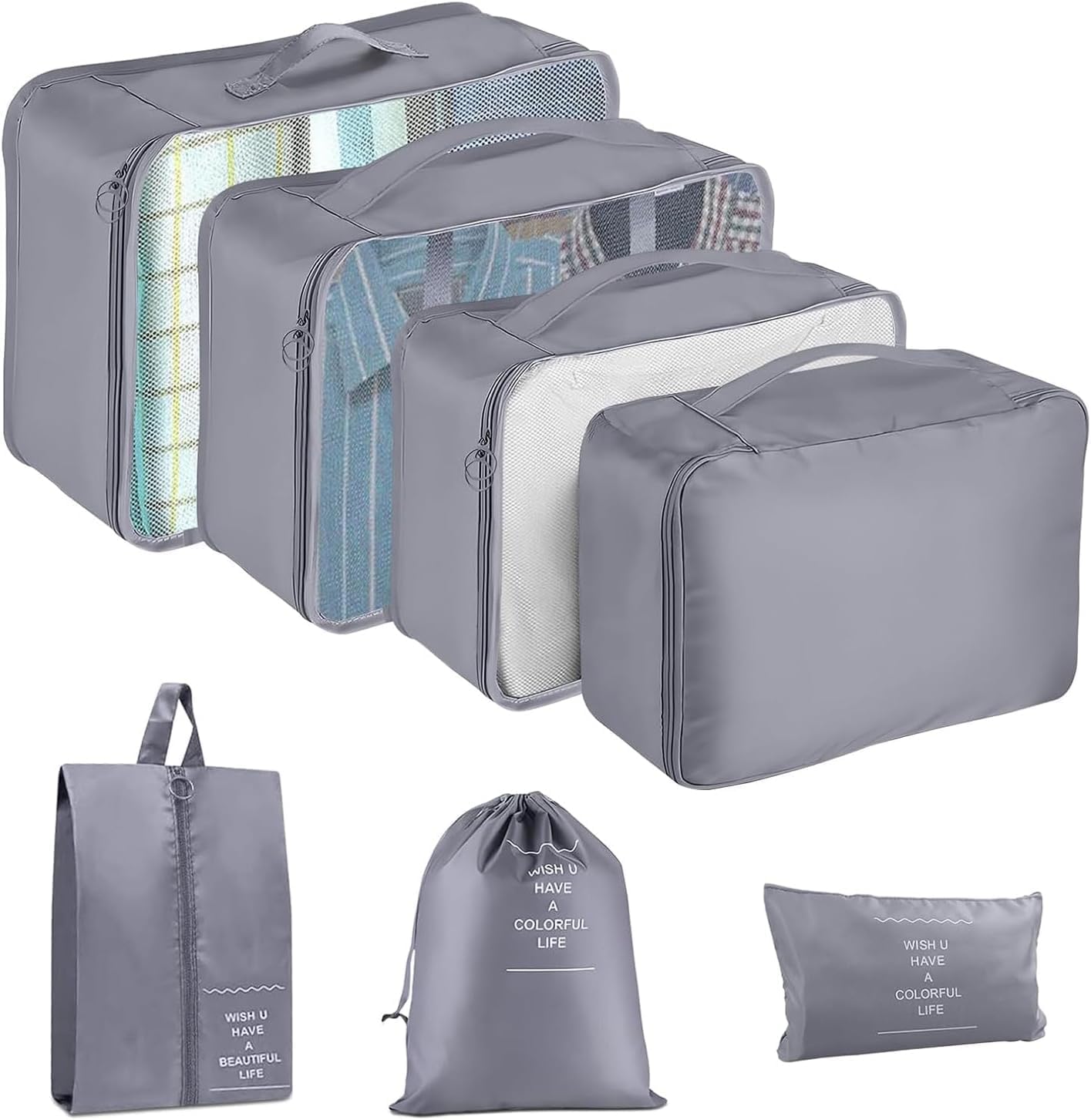 7 Set Packing Cubes for Suitcases, JerryXingjy Lightweight Travel Luggage Packing Organizers, Compression Storage Shoe Bag, Clothing Underwear Bag, Travel Cubes Set for Man & Women, Grey