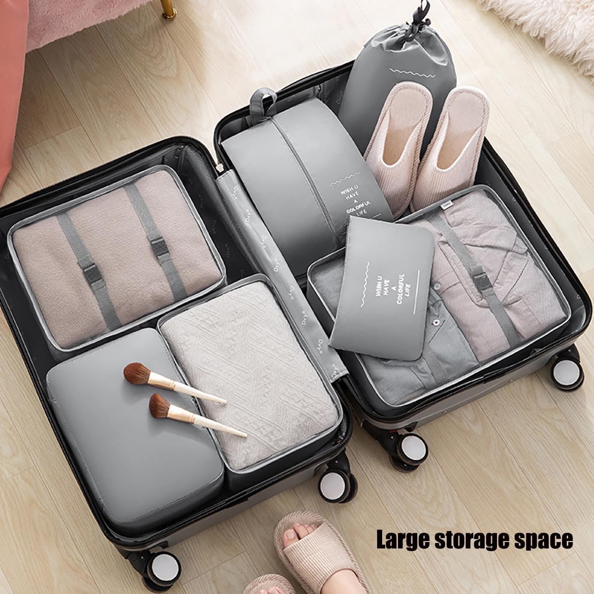 7 Set Packing Cubes for Suitcases, JerryXingjy Lightweight Travel Luggage Packing Organizers, Compression Storage Shoe Bag, Clothing Underwear Bag, Travel Cubes Set for Man & Women, Grey - Image 3