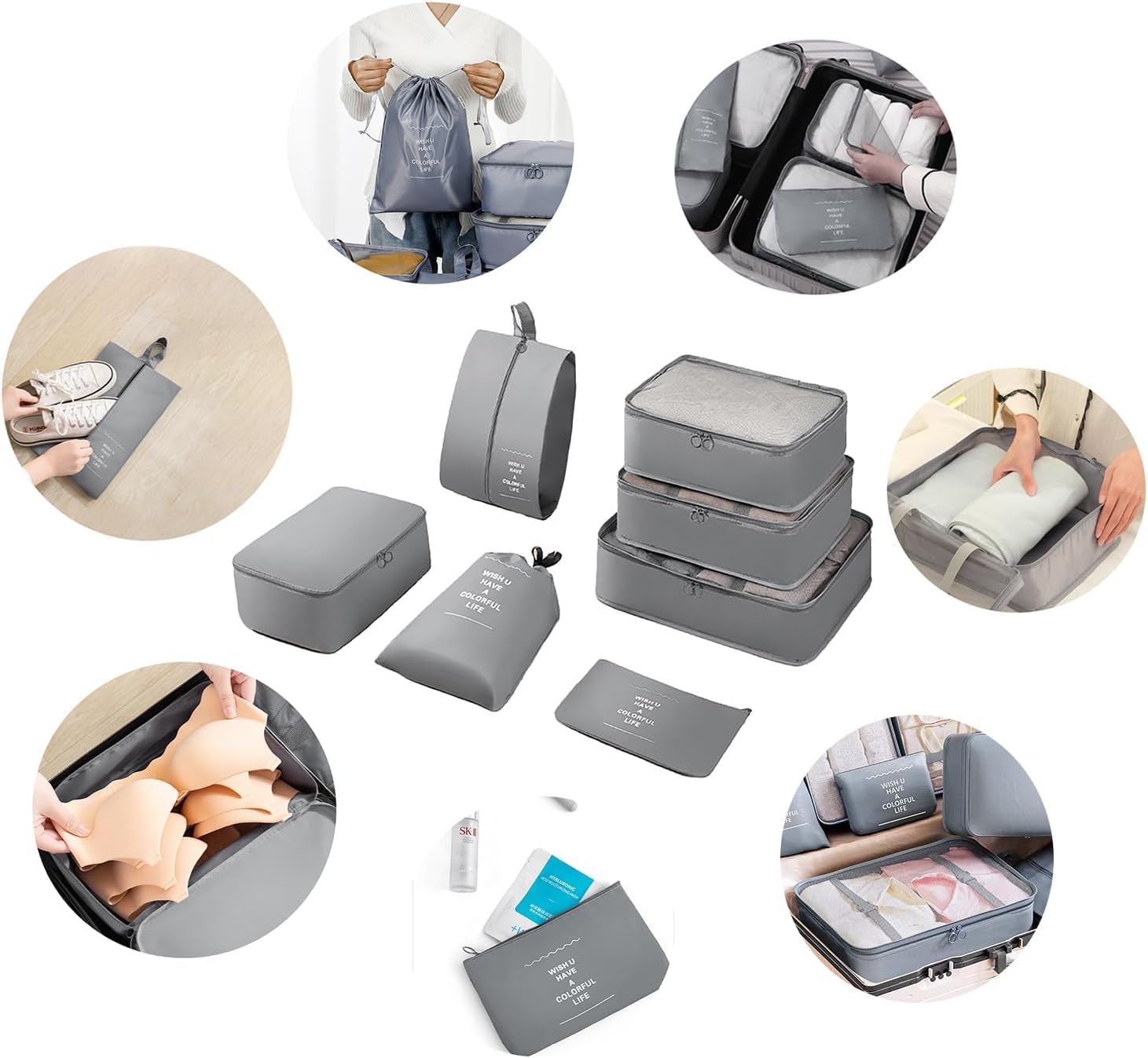 7 Set Packing Cubes for Suitcases, JerryXingjy Lightweight Travel Luggage Packing Organizers, Compression Storage Shoe Bag, Clothing Underwear Bag, Travel Cubes Set for Man & Women, Grey - Image 6