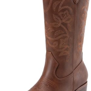 DREAM PAIRS Cowboy Boots for Women, Square Toe Embroidery Stitched Cowgirl Boots, Women's Fashion Chunky Heel Mid Calf Western Boots