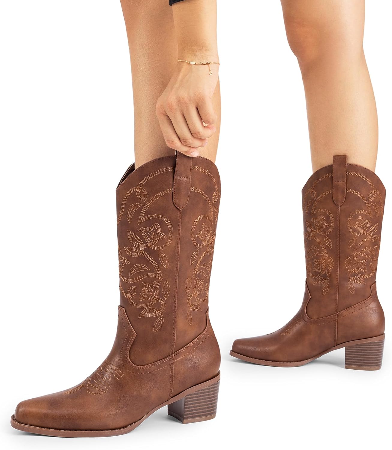 DREAM PAIRS Cowboy Boots for Women, Square Toe Embroidery Stitched Cowgirl Boots, Women's Fashion Chunky Heel Mid Calf Western Boots - Image 7