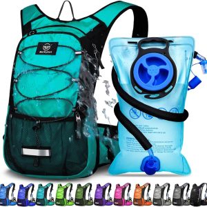 Insulated Hydration Backpack Pack with 3L BPA Free Leak Proof Water Bladder, Large Storage Lightweight Hiking Daypack with Waist Pouches & Cooler Layer, for Running, Biking, Camping, Festival