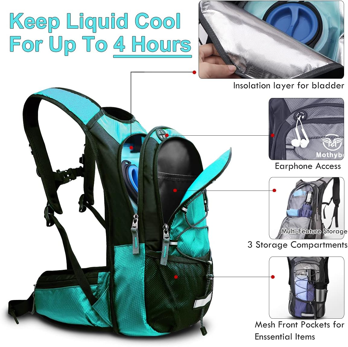 Insulated Hydration Backpack Pack with 3L BPA Free Leak Proof Water Bladder, Large Storage Lightweight Hiking Daypack with Waist Pouches & Cooler Layer, for Running, Biking, Camping, Festival - Image 3