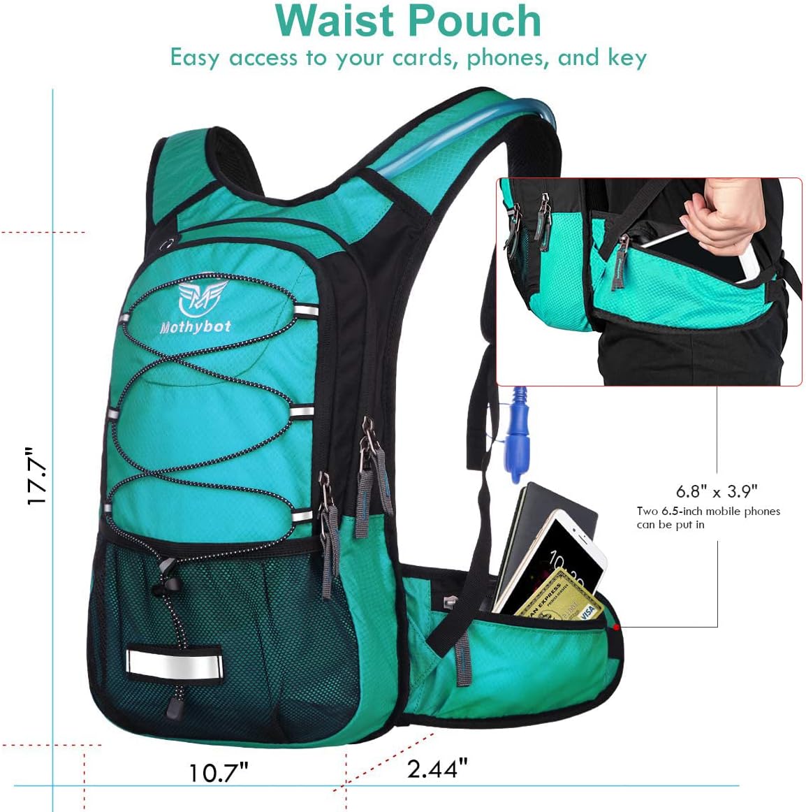 Insulated Hydration Backpack Pack with 3L BPA Free Leak Proof Water Bladder, Large Storage Lightweight Hiking Daypack with Waist Pouches & Cooler Layer, for Running, Biking, Camping, Festival - Image 4