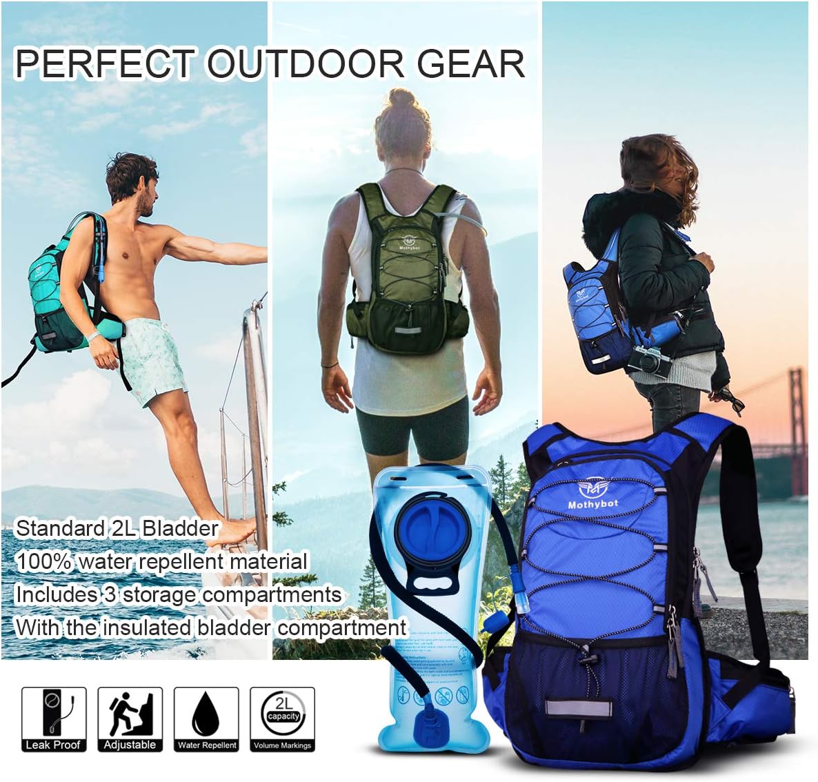 Insulated Hydration Backpack Pack with 3L BPA Free Leak Proof Water Bladder, Large Storage Lightweight Hiking Daypack with Waist Pouches & Cooler Layer, for Running, Biking, Camping, Festival - Image 7