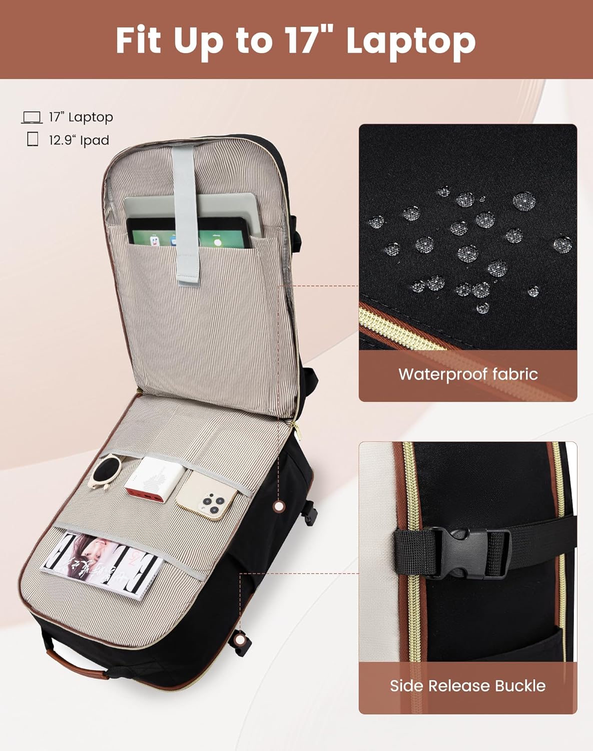 LOVEVOOK Large Travel Backpack for Women & Men, 40L Carry on Backpack for Airplanes, TSA Personal Item Travel Bag fits 17" Laptop, Waterproof Travel Essentials Airline Approved with 3 Packing Cubes - Image 9