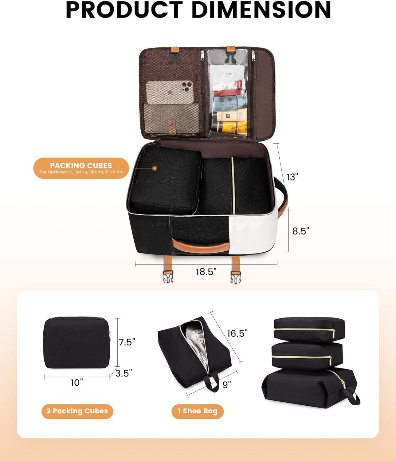 LOVEVOOK Travel Backpack for Women, TSA Carry On Backpack Flight Approved Luggage, 40L Water Resistant Personal Item Daypack Large Weekender Bag fit 17 inch Laptop with 3 Cubes, Beige-black-brown - Image 6