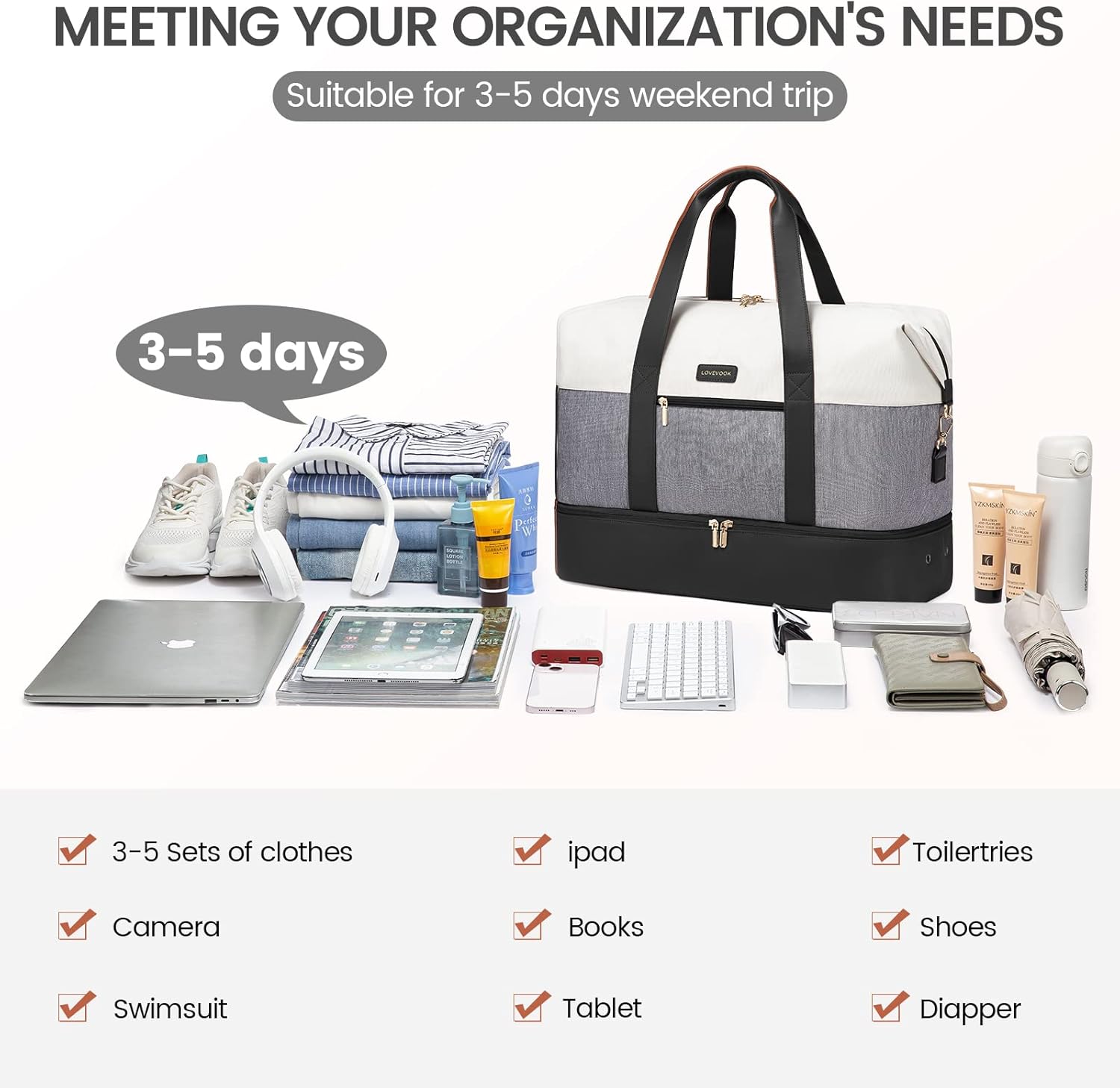 LOVEVOOK Weekender Bag, Large Travel Duffel Bag for Women with 2 Packing Cubes, Carry on Overnight Bag with Shoe Compartment, Mom Hospital Bags for Labor and Delivery - Image 9