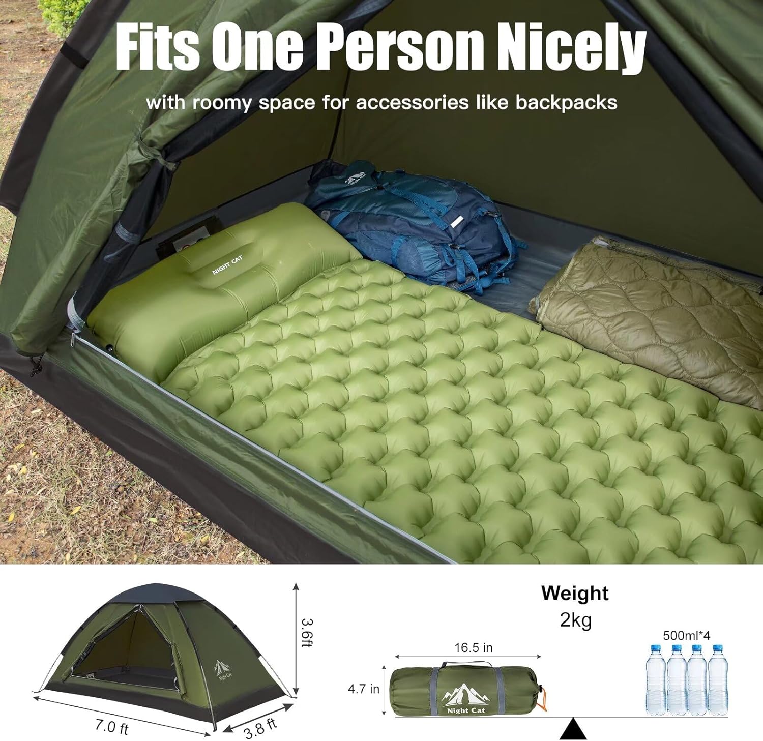 Night Cat Backpacking Tent for One 1 to 2 Persons Lightweight Waterproof Camping Hiking Tent for Adults Kids Scouts Easy Setup Single Layer 2.2x1.2m - Image 4