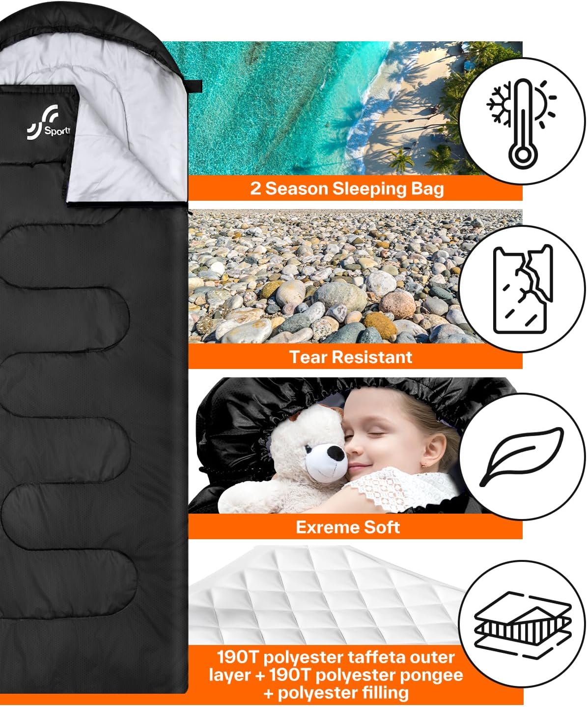 Sportneer Sleeping Bag, 3 Seasons Warm Cold Weather Sleeping Bags for Adults Kids Boys Girls with Compression Sack- Lightweight Camping Essentials Gear Accessories, Backpacking, Hiking - Image 4