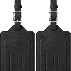 Teskyer Leather Luggage Tags for Suitcases, TSA Approved Luggage Tag with Privacy Protect Flap Cover, 2 Pack, Black