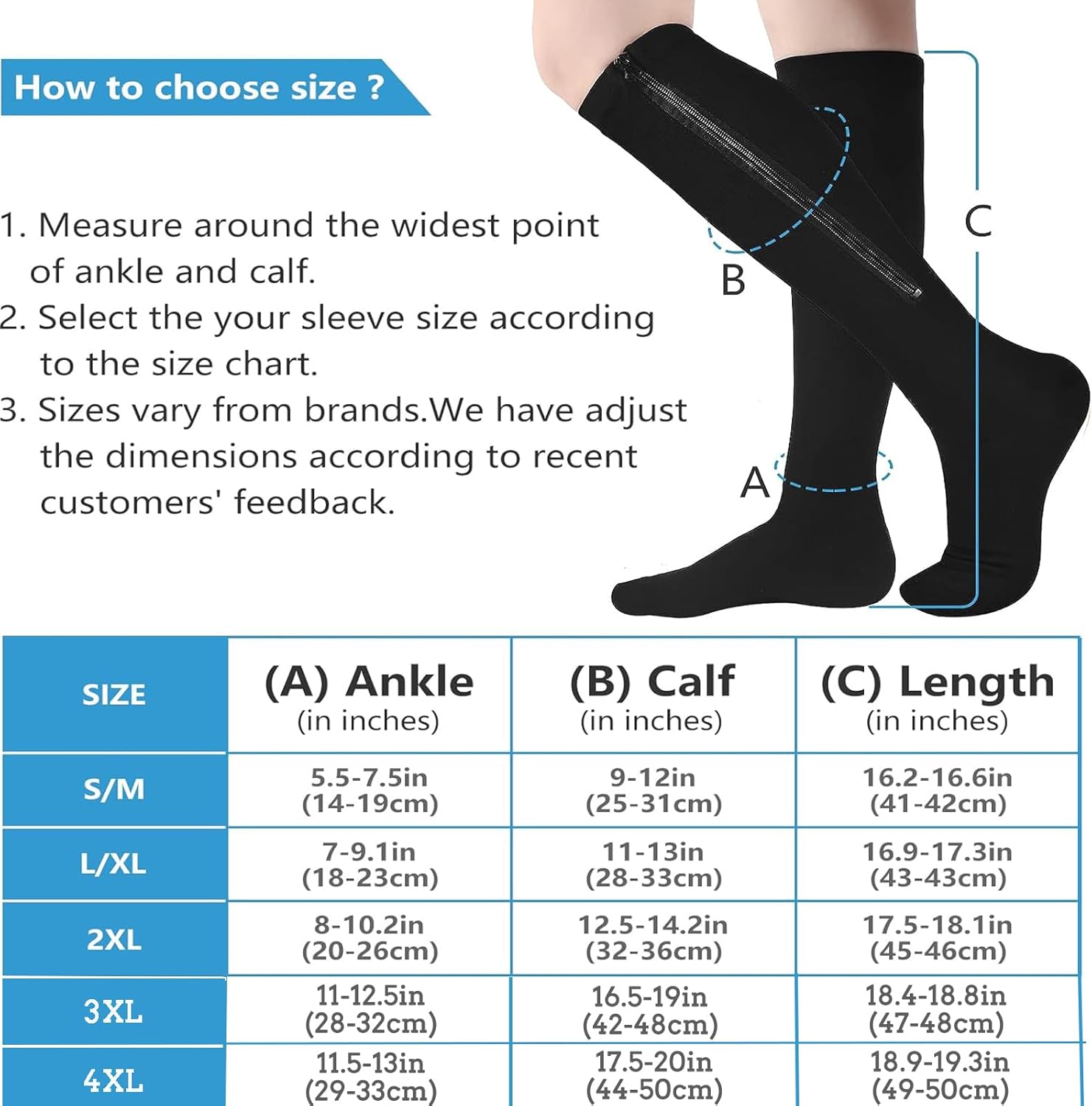 cerpite Zipper Compression Socks, 2 Pairs 15-20 mmHg Closed Toe Compression Stockings for Men Women,Suit for Running - Image 3